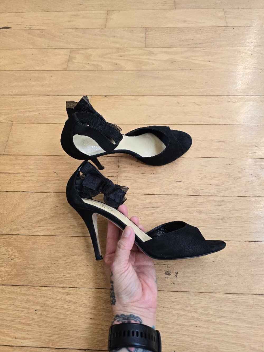 vintage Y2K | Kate Spade black suede open-toe ankle bow strap high heels WMS 7.5